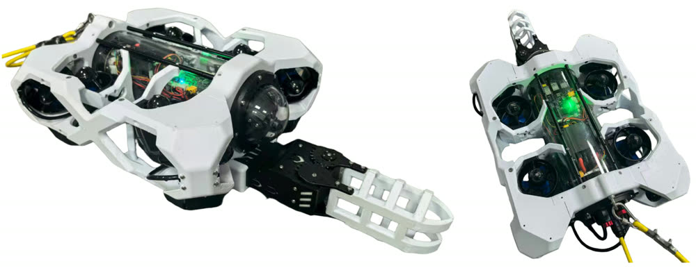 Flat-frame underwater ROV with four thrusters and a manipulator arm