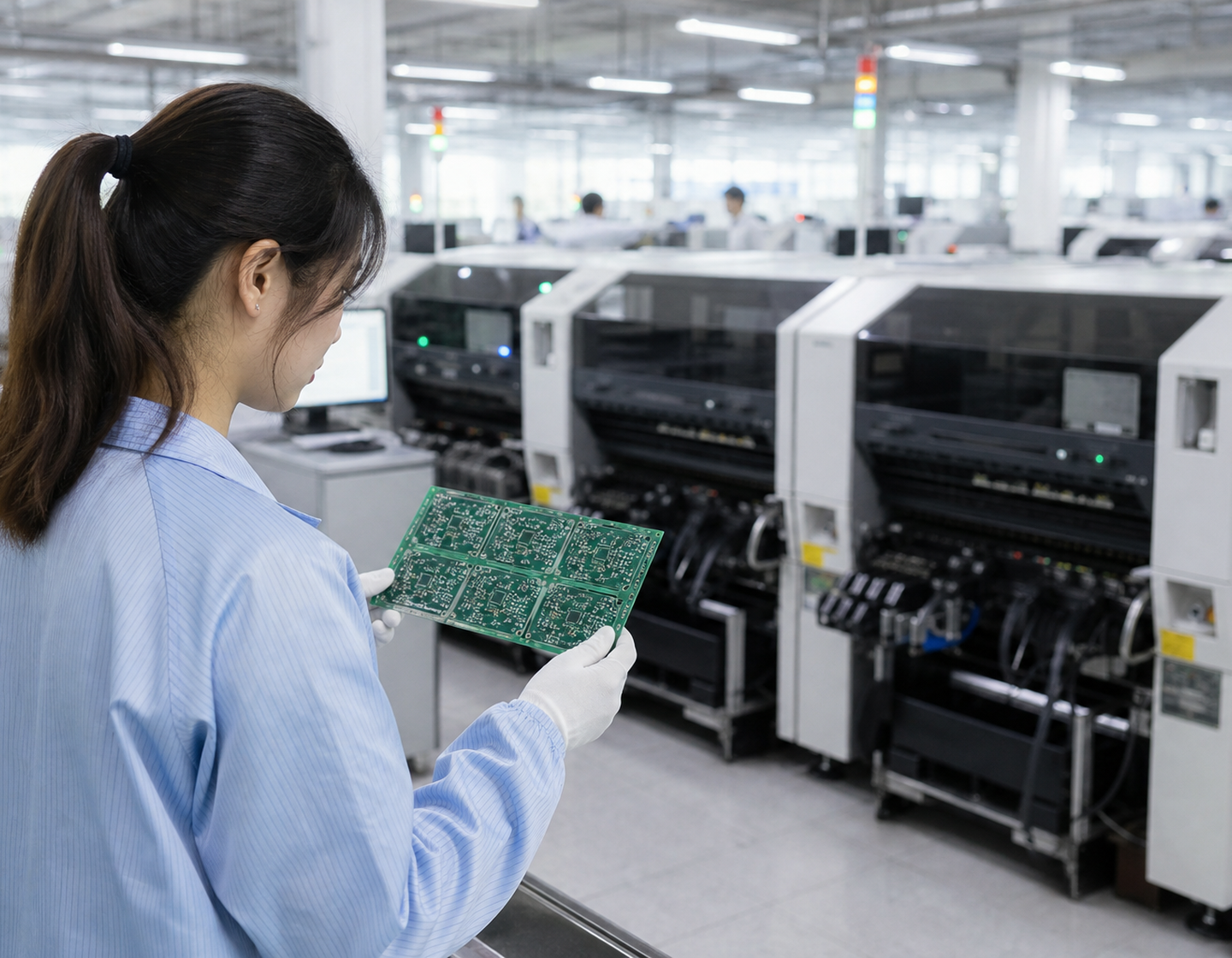 SMT electronics assembly line with a technician inspecting a PCB panel