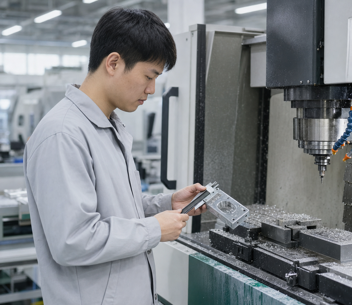 Quality engineer measuring a machined aluminium part with digital calipers